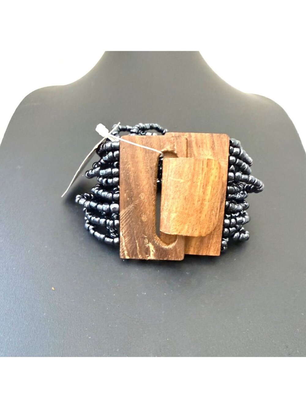 World Market Bracelet Multi Strand Bohemian Ethnic Black Beads Wood Clasp NEW